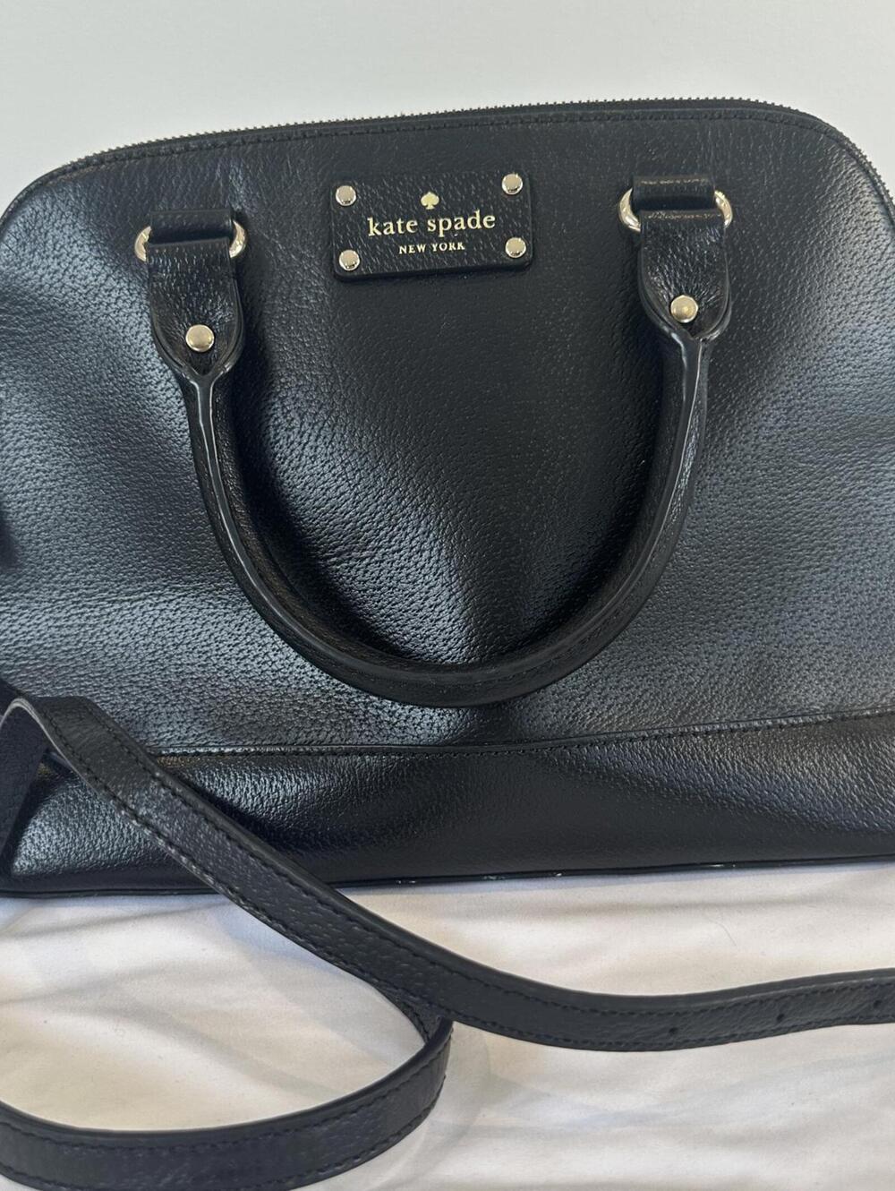 Kate Spade New York Black Pebbled Leather Dome Satchel Bag Detachable Strap Gold